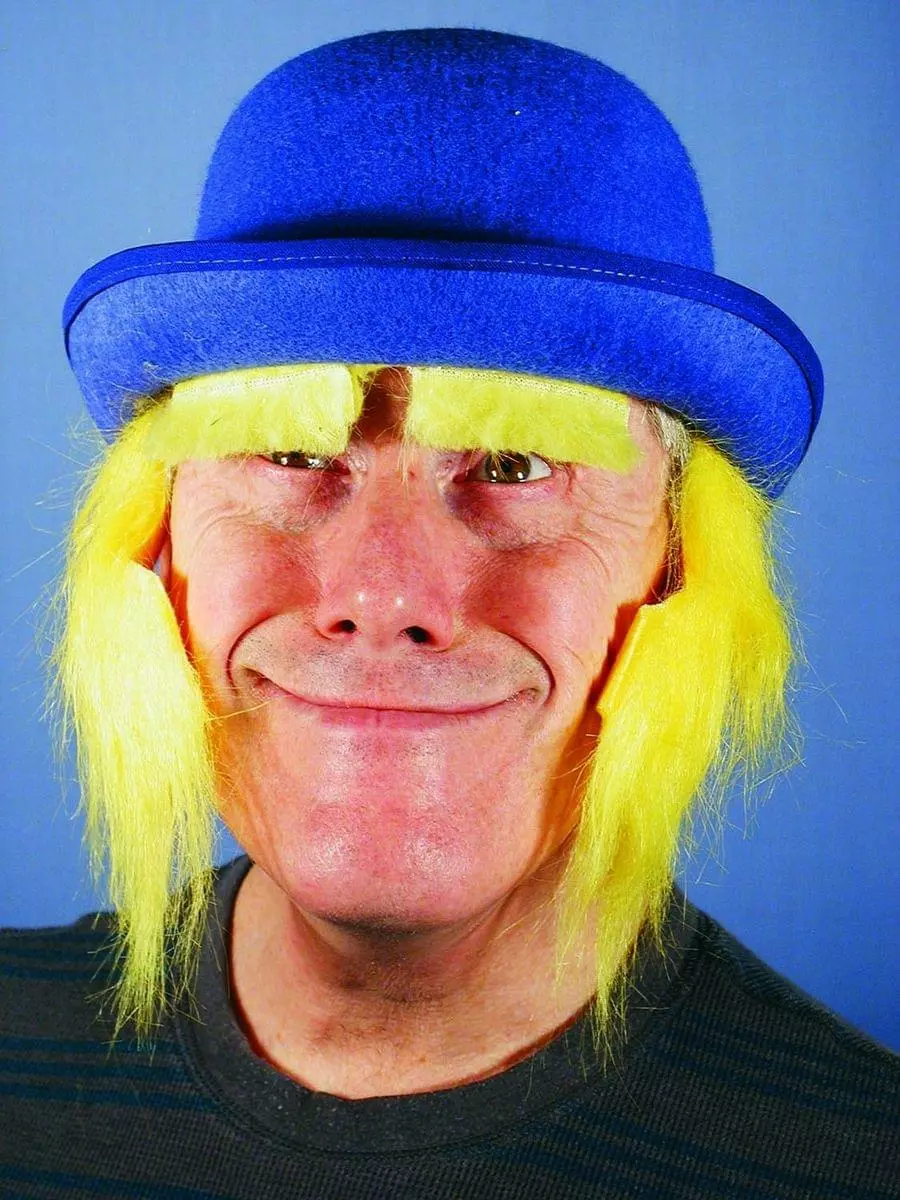 HMS Blue Clown Costume Derby Hat With Yellow Sideburns 3 HMS Blue Clown Costume Derby Hat With Yellow Sideburns